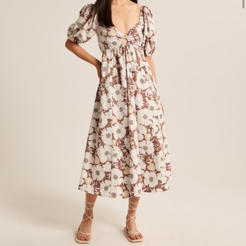 Abercrombie floral O-Ring Puff Sleeve Midi Dress, tie back